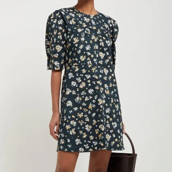 See by Chloe Puff-Sleeve Floral-print Cotton Dress, Green, Women's, 4